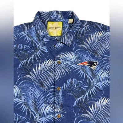Tommy Bahama Football New England Patriots Silk Hawaiian Shirt XL Blue Palm Leaf - Image 1 of 4