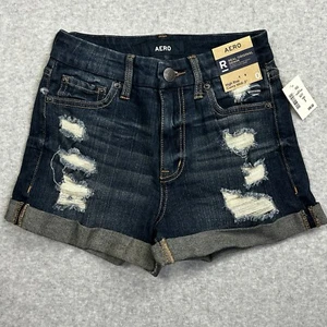 AERO High Rise Jean Shorts Womens 0 Blue Distress Curvy Midi 3" Cuff Stretch NWT - Picture 1 of 9