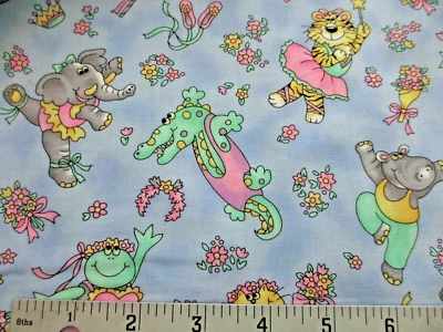 OOP Hoffman Fabric Remnant~ Ballet Dancing Elephants Alligators Frogs on Blue - Image 1 of 3