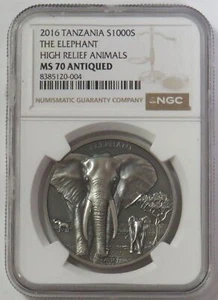 2016 SILVER TANZANIA 1000 SHILLINGS THE ELEPHANT HIGH RELIEF NGC MS 70 ANTIQUED - Picture 1 of 2