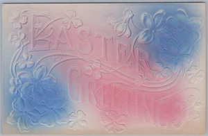 Postal de saludos de Pascua, flores rosas y azules en relieve y aerografiadas c1908 - Imagen 1 de 2
