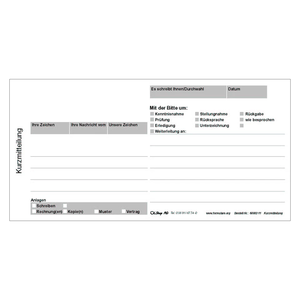 OLSHOP AG Kurzmitteilung Kurzbrief Kurzanschreiben - Block á 100 Blatt 1/3 DIN A4