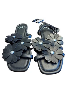 SO Flat Sandals 6M Women’s Floral Daisy Black Open Toe - Picture 1 of 4