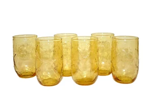 LOT 6 Vintage Anchor Hocking Gold Amber Leaf Design Juice Glasses - Picture 1 of 12
