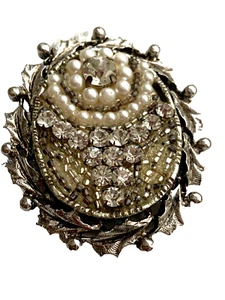 Vintage Simulated Diamond & Pearl Brooch Pin 14K White Gold Plated New - Picture 1 of 4