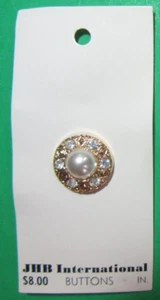 VINTAGE JHB 3/4" RHINESTONE PEARL GOLD PLASTIC SHANK BUTTON NOS-E69 - Picture 1 of 3