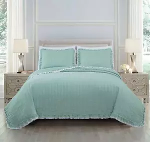 Chezmoi Collection Bonnie 3-teiliges Quilt-Set 100 % Baumwolle ausgefranste Rüschenkante - Bild 1 von 27