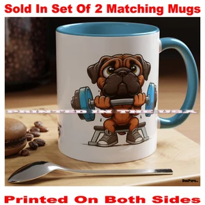 DigiPups Mastiff Bullmastiff Dog Pumping Iron Cartoon Coffee Cup 2 Mug Set - Picture 1 of 3