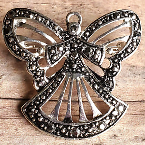 Angel Pin Silvertone & Black Christmas Brooch Metal Pendant