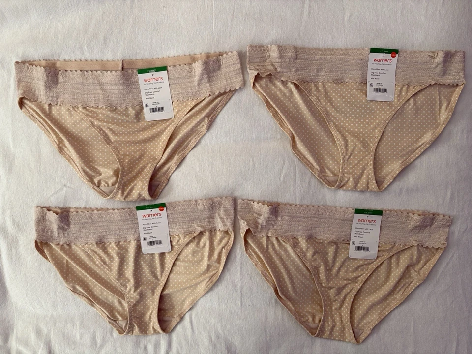 4 Warner's No Pinching No Problems Bikini Panties 5509 Dots Size 7/L