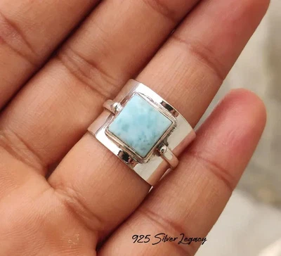 Hermoso anillo de piedras preciosas Larimar de plata de ley 925 hecho a mano todas las tallas R44 Foto 1 de 4