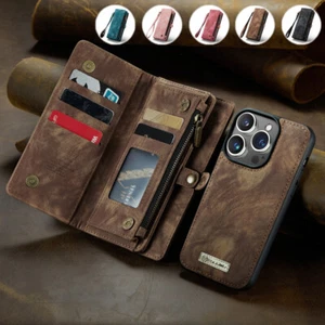 Removable Wallet Case Zip Card Leather Flip Cover for iPhone 15 14 13 12 11 SE 8 - Picture 1 of 42