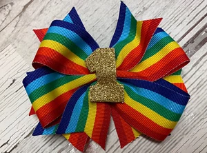 Rainbow Stacked Boutique Hair Bow Glitter Girl Clip 1st Birthday 2nd Birthday - Picture 1 of 4