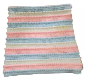 "Coperta bambino afghana fatta a mano popcorn rosa all'uncinetto blu a righe bianche 48"" x 48" - Foto 1 di 5