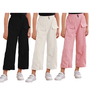 Kids Girls Pants High Waist Trousers Straight-Leg Sweatpants Buttons Activewear - Picture 1 of 45