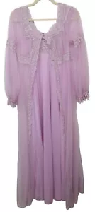 Glydons Vintage 70s Lavender Chiffon Gown Lace Robe Peignoir Set Wedding - Picture 1 of 14