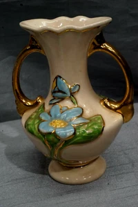 Hull Vase Vintage Pink with Blue Painted Magnolias Green Leaves Gold Trim - Picture 1 of 5