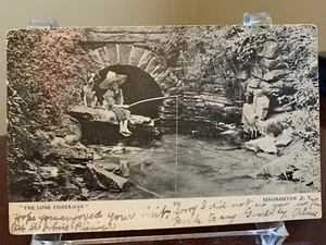 Lone Fisherman, Binghamton NY New York Postcard ~ Posted 1907 ~ Bridge, Creek - Picture 1 of 2