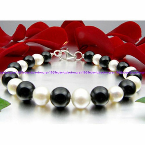 VALENTINO Bracciale 7 8 mm perle bianche dei mari del sud e perle tonde in agata nera 8 mm 7 5 pollici