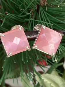 Natural Rose Quartz Pink Square Stud Earrings Sterling Silver 925 CW 1/4” - Picture 1 of 22