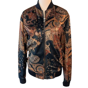 Zara Man Mens Size M Blue Gold Velour Paisley Print Full Zip Lined Bomber Jacket - Picture 1 of 10