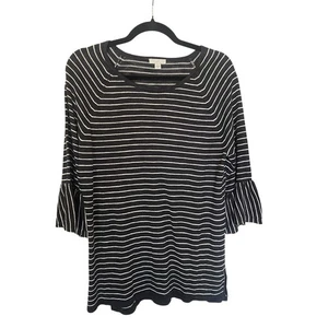 J. Jill Black White Striped Comfort Sweater Medium Bell Sleeve Knit Top Blouse - Picture 1 of 6