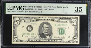 $5 1974 *STAR* Federal Reserve Note New York, $5 1974 Small Size FR 1973-B* - Picture 1 of 2