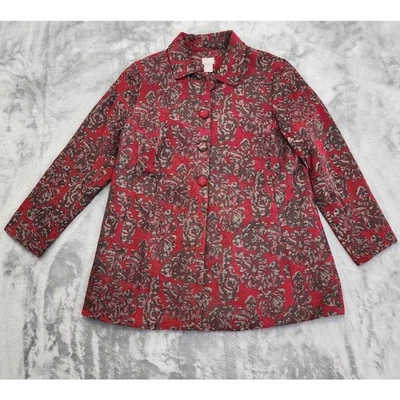 Chico's Floral Jacquard Button Front Jacket Size 1P 8/10P Red Lined Pockets - Image 1 of 4