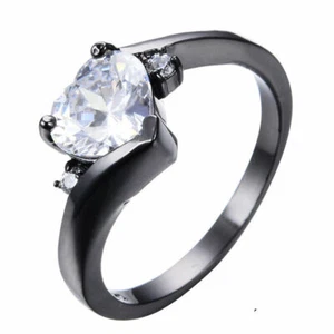 Heart Shaped White Zircon Black Gold Filled Silver Women Jewelry Ring Size 10 - Picture 1 of 1