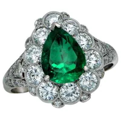 Редкий грушевидной формы колумбийский натуральный 1,95 карат изумруд с 1,55 карат белый CZ тонкий кольцо - Изображение 1 из 4