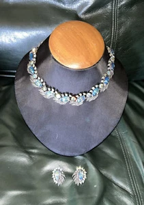 Florenza Set Necklace Earrings Rare 1950's Blue Melon Glass Signed - Picture 1 of 10