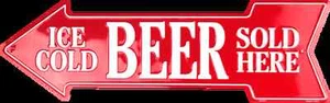 ICE COLD BEER SOLD HERE EMBOSSED METAL ARROW SIGN MAN CAVE SPORTS ROOM BAR - Picture 1 of 5