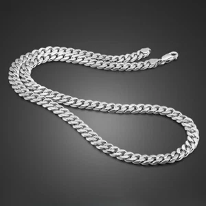 925 Sterling Silver Simple Plain Cuban Link Chain Necklace for Men Boys Women - Picture 1 of 6