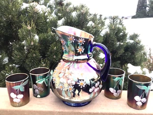 FENTON Kobalt Karneval Glas Krug Becher Set 5-teilig um 1905 - Bild 1 von 7