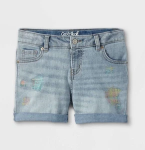 Cat & Jack Girls XXL (18) Embroidered Jean Shorts Blue Rolled Hem - Picture 1 of 7