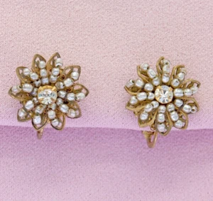 Vintage Signed Miriam Haskell Pearl Gold Filigree Earrings - Picture 1 of 13