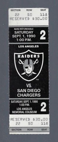JUNIOR SEAU PRO DEBUT - 1990 SAN DIEGO CHARGERS @ RAIDERS NFL FULL TICKET Sept 1 Cover