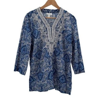 Charter Club Womens XL Blue Paisley Embroidered Tunic Top Cotton Boho - Image 1 of 4