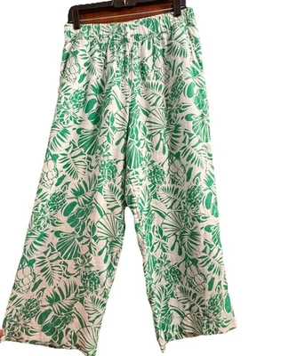 Nicole Miller Cropped Linen Pants Medium Womans Green Tropical Wide Leg Pull On - Image 1 of 4