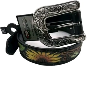 Nocona Western Girls Belt Sz 20 Youth Leather Sunflower Tooled Black N4440801 - Picture 1 of 3