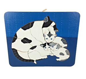 Mama Katze & Kätzchen handbemalt Holzpuzzle 11x13 an Brett geklebt - Bild 1 von 20