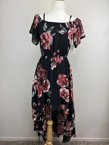 AUW Womens Black Pink Floral Midi Dress Off The Shoulder High Low Size S - Picture 1 of 13