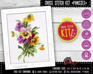 Spring flowers cross stitch kit Pansies - DIY embroidery kit for intermediate - Picture 1 of 9