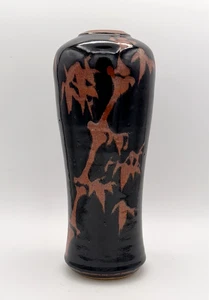 11.5" Shellie Zimmerman Brooks Pottery Vase - Tenmoku Glaze, Bamboo Design - Picture 1 of 6