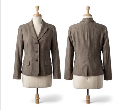 Blazer Le Suit Marrón Lino Mezcla Algodón Tres Botones Rayas Talla 6 Foto 1 de 4