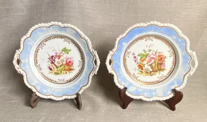 Antique Pair c1820 Samuel Alcock Twin Handled Cloud Border Gilt Floral Plates - Picture 1 of 24