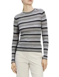 Theory Striped Silk Sweater Black/Blue with ribbed stripe Petite - Picture 1 of 9