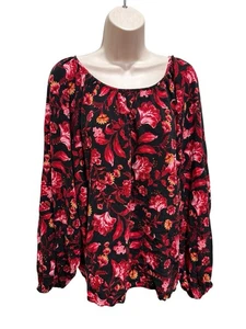 Terra and Sky Women’s Plus Size 4X (28W-30) Red Black Floral Peasant Blouse - Picture 1 of 6