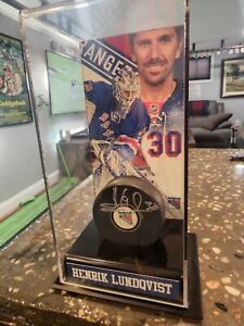 Henrik Lundqvist Signed Puck with Deluxe Tall Hockey Puck Case STEINER COA