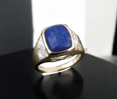 Anillo de lapislázuli corte cojín con plata de ley 925 chapado en oro para hombre #E38 Foto 1 de 4
